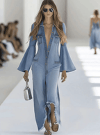 Casual Retro Light Blue Denim Flared Long-Sleeved Wide-Leg Raw Edge Jumpsuit - Eliza-Warszawa