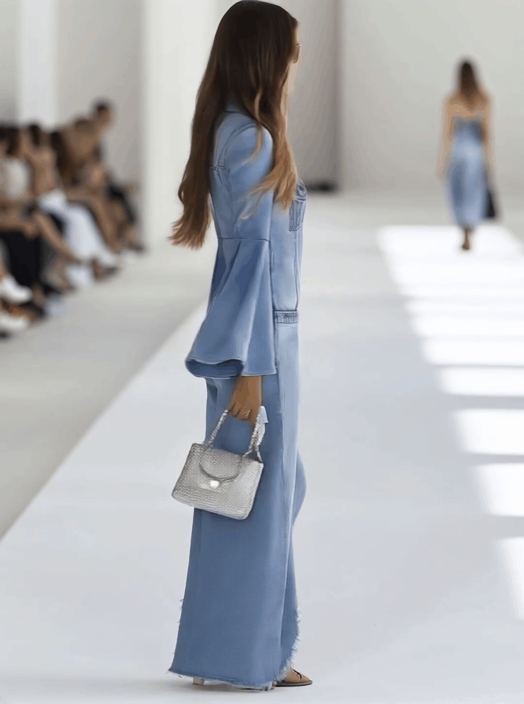 Casual Retro Light Blue Denim Flared Long-Sleeved Wide-Leg Raw Edge Jumpsuit - Eliza-Warszawa