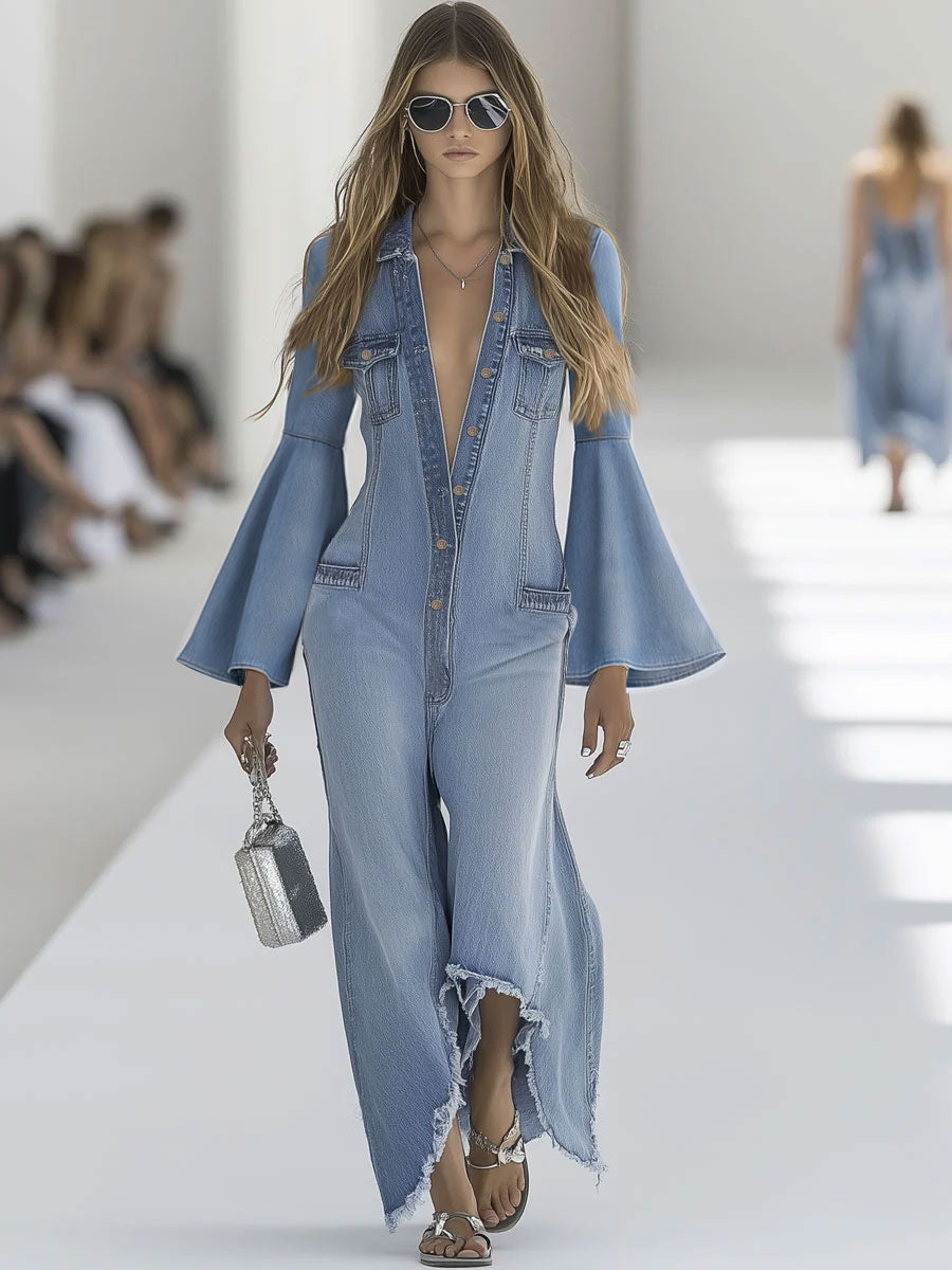 Casual Retro Light Blue Denim Flared Long-Sleeved Wide-Leg Raw Edge Jumpsuit - Eliza-Warszawa
