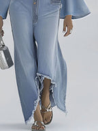 Casual Retro Light Blue Denim Flared Long-Sleeved Wide-Leg Raw Edge Jumpsuit - Eliza-Warszawa