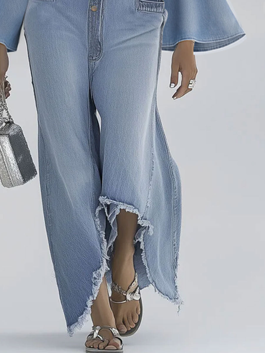 Casual Retro Light Blue Denim Flared Long-Sleeved Wide-Leg Raw Edge Jumpsuit - Eliza-Warszawa