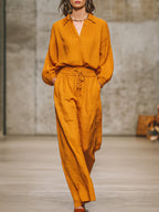 Casual Retro Orange Shirt And Pants Set - Eliza-Warszawa