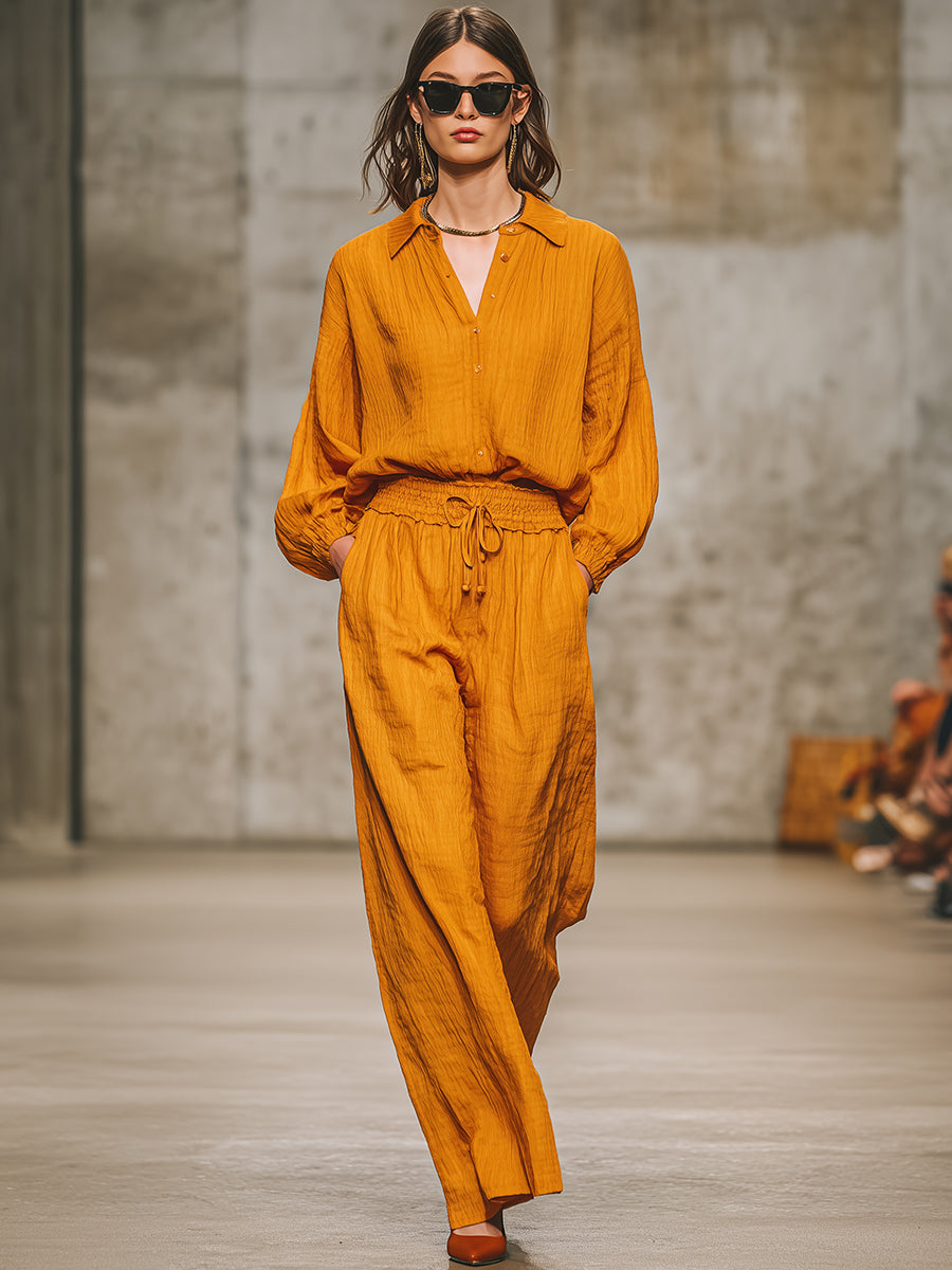 Casual Retro Orange Shirt And Pants Set - Eliza-Warszawa