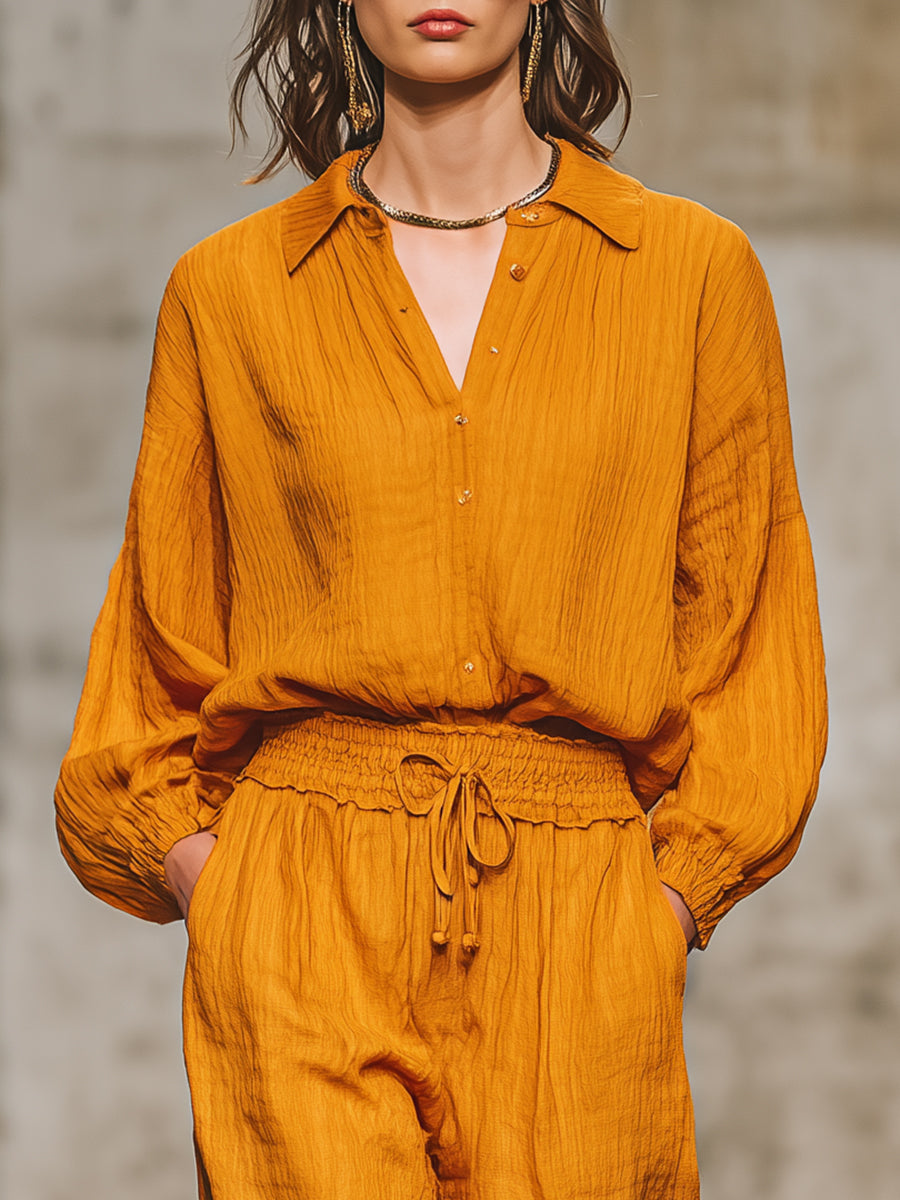 Casual Retro Orange Shirt And Pants Set - Eliza-Warszawa