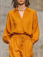 Casual Retro Orange Shirt And Pants Set - Eliza-Warszawa