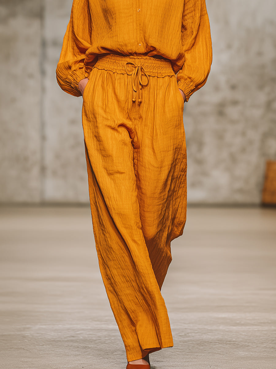 Casual Retro Orange Shirt And Pants Set - Eliza-Warszawa