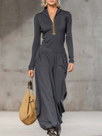 Casual Retro Sports Dark Gray Half-high Collar Front Zipper Long-sleeved Top And Wide Pants Set - Eliza-Warszawa
