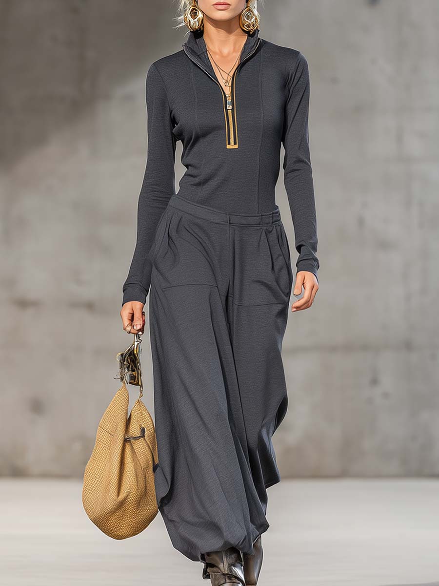 Casual Retro Sports Dark Gray Half-high Collar Front Zipper Long-sleeved Top And Wide Pants Set - Eliza-Warszawa