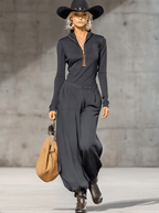 Casual Retro Sports Dark Gray Half-high Collar Front Zipper Long-sleeved Top And Wide Pants Set - Eliza-Warszawa
