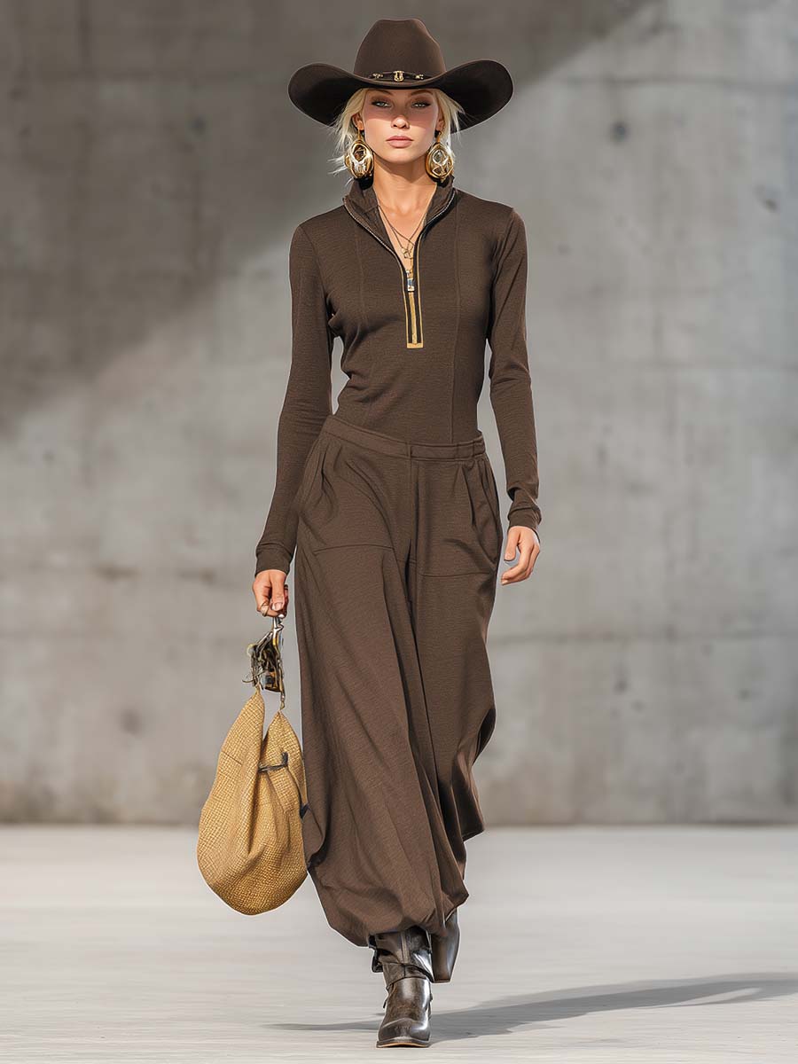 Casual Retro Sports Dark Gray Half-high Collar Front Zipper Long-sleeved Top And Wide Pants Set - Eliza-Warszawa