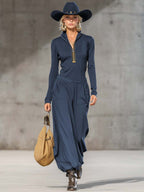 Casual Retro Sports Dark Gray Half-high Collar Front Zipper Long-sleeved Top And Wide Pants Set - Eliza-Warszawa