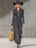 Casual Retro Sports Dark Gray Half-high Collar Front Zipper Long-sleeved Top And Wide Pants Set - Eliza-Warszawa