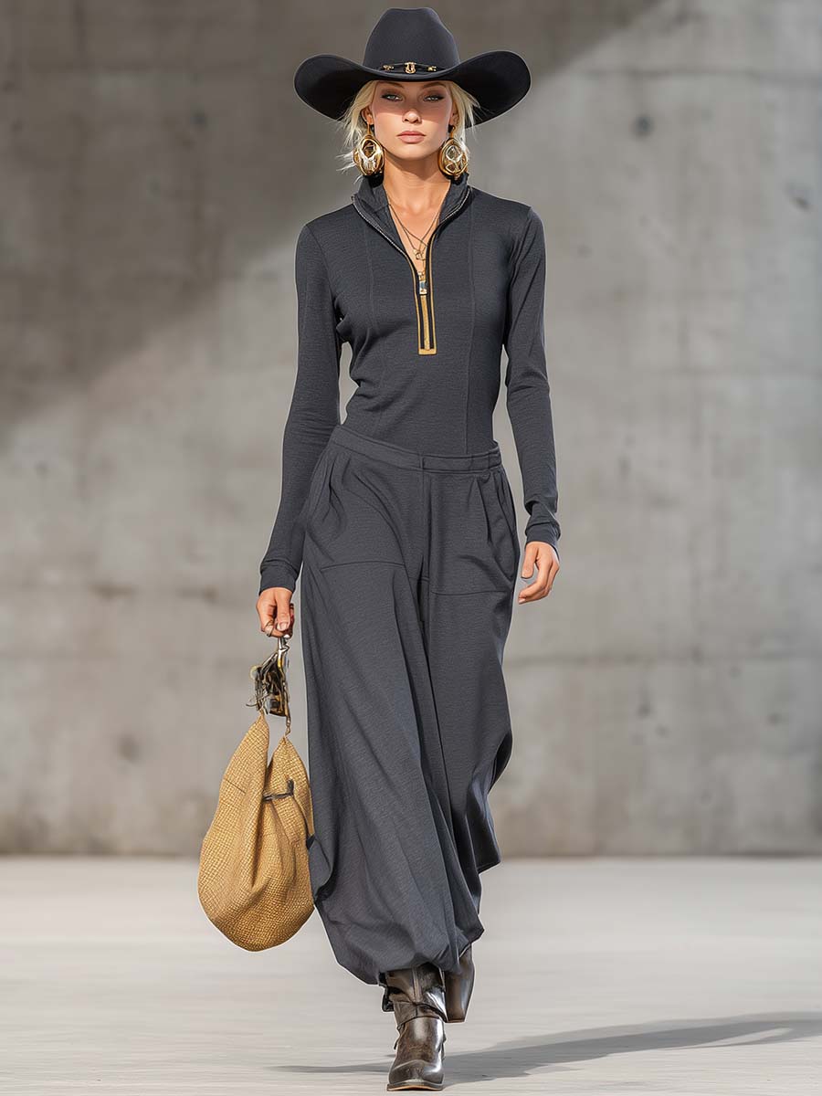 Casual Retro Sports Dark Gray Half-high Collar Front Zipper Long-sleeved Top And Wide Pants Set - Eliza-Warszawa