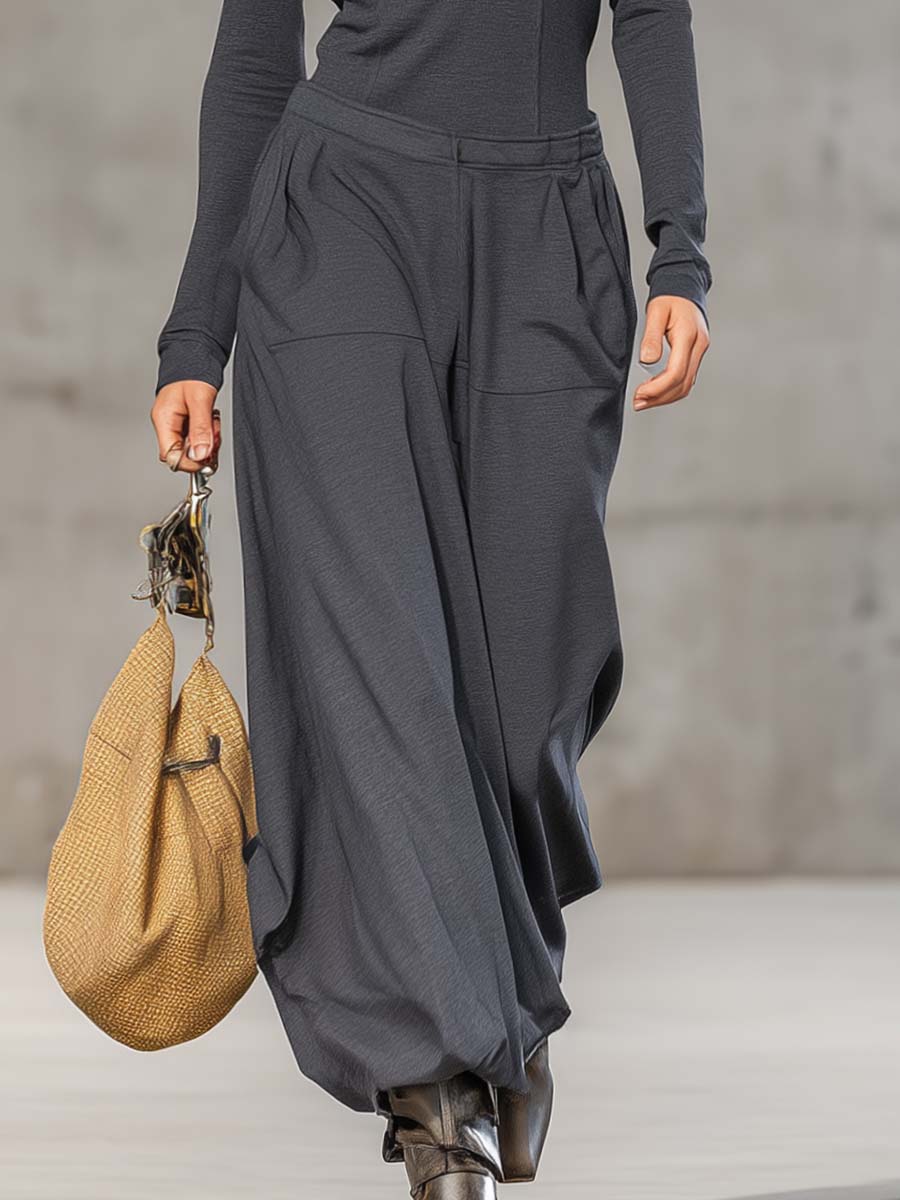 Casual Retro Sports Dark Gray Half-high Collar Front Zipper Long-sleeved Top And Wide Pants Set - Eliza-Warszawa