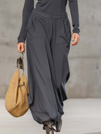 Casual Retro Sports Dark Gray Half-high Collar Front Zipper Long-sleeved Top And Wide Pants Set - Eliza-Warszawa