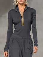 Casual Retro Sports Dark Gray Half-high Collar Front Zipper Long-sleeved Top And Wide Pants Set - Eliza-Warszawa