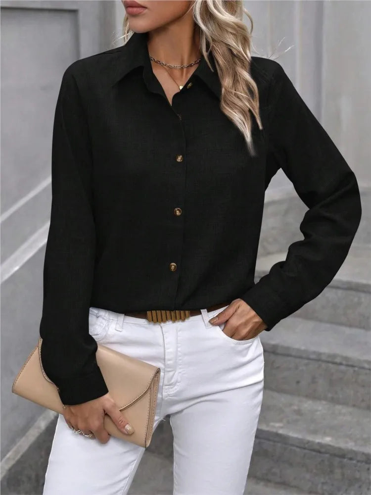 Casual Single-breasted Solid Color Color-blocked Long-sleeved Collared Shirt - Eliza-Warszawa