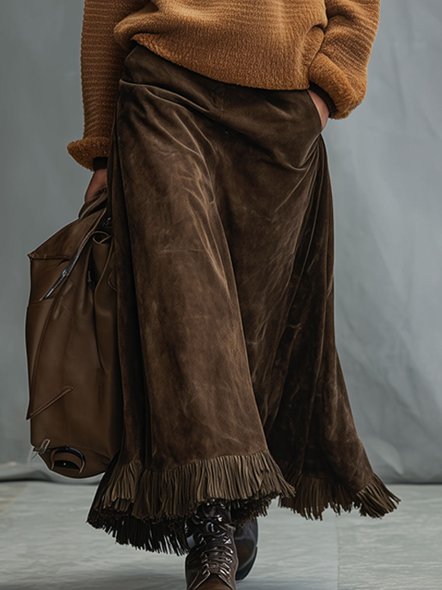 Casual Vintage Cocoa Brown Faux Suede Tassel Skirt - Eliza-Warszawa