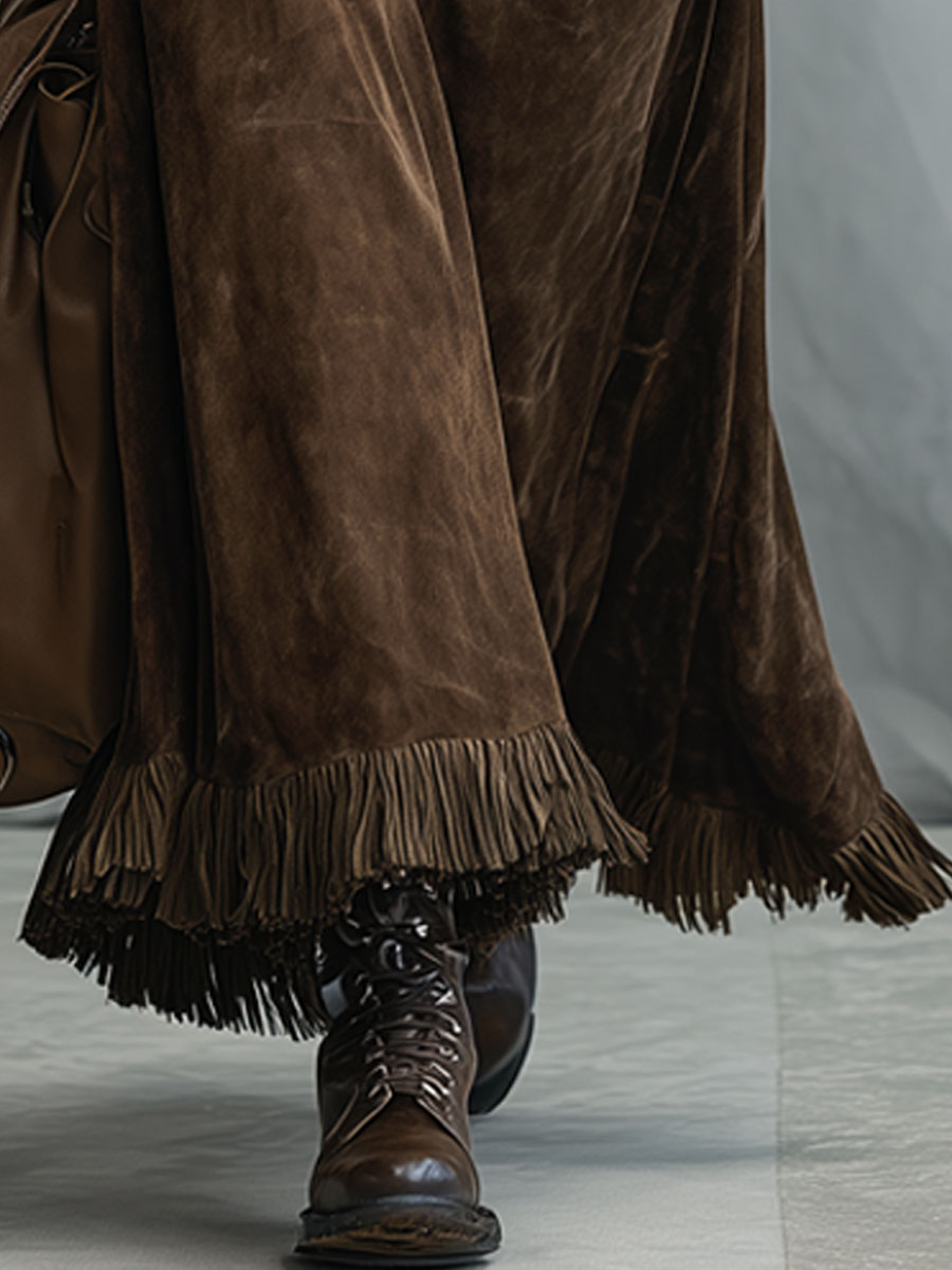 Casual Vintage Cocoa Brown Faux Suede Tassel Skirt - Eliza-Warszawa