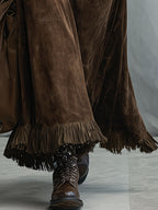 Casual Vintage Cocoa Brown Faux Suede Tassel Skirt - Eliza-Warszawa