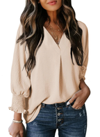 Charming Solid Smocked-Cuff V-Neck Blouse - Eliza-Warszawa