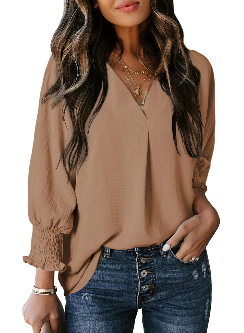 Charming Solid Smocked-Cuff V-Neck Blouse - Eliza-Warszawa