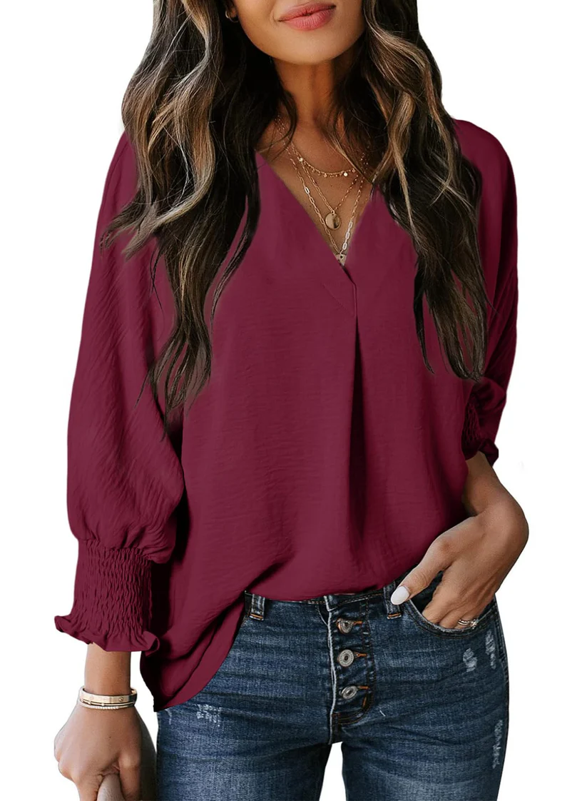 Charming Solid Smocked-Cuff V-Neck Blouse - Eliza-Warszawa