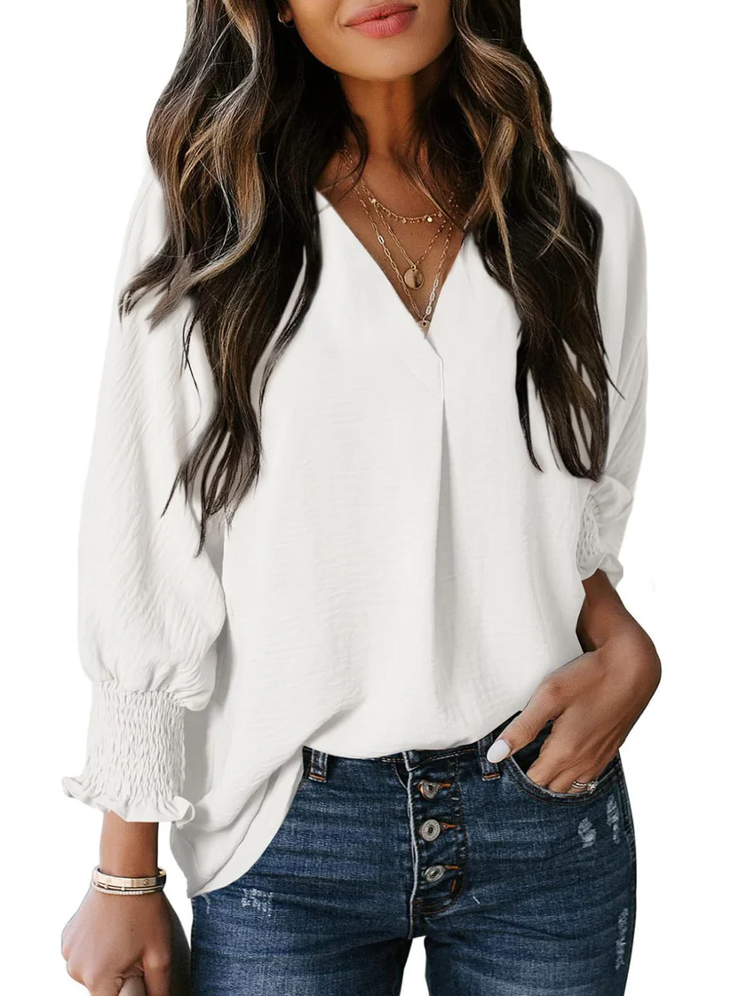 Charming Solid Smocked-Cuff V-Neck Blouse - Eliza-Warszawa