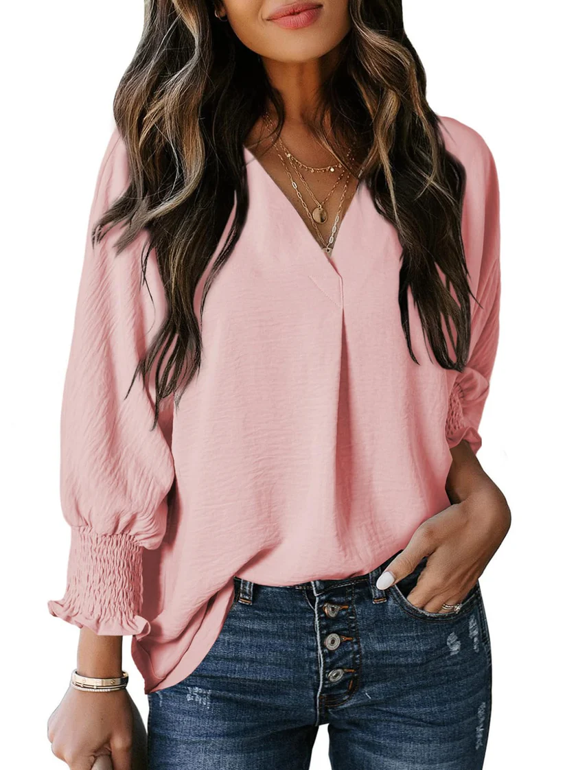 Charming Solid Smocked-Cuff V-Neck Blouse - Eliza-Warszawa