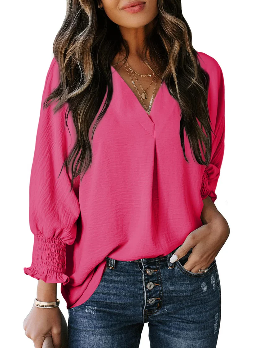 Charming Solid Smocked-Cuff V-Neck Blouse - Eliza-Warszawa