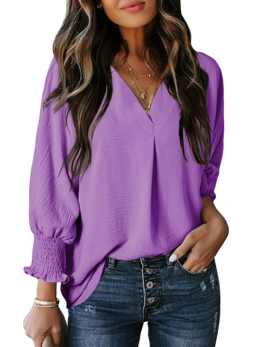 Charming Solid Smocked-Cuff V-Neck Blouse - Eliza-Warszawa