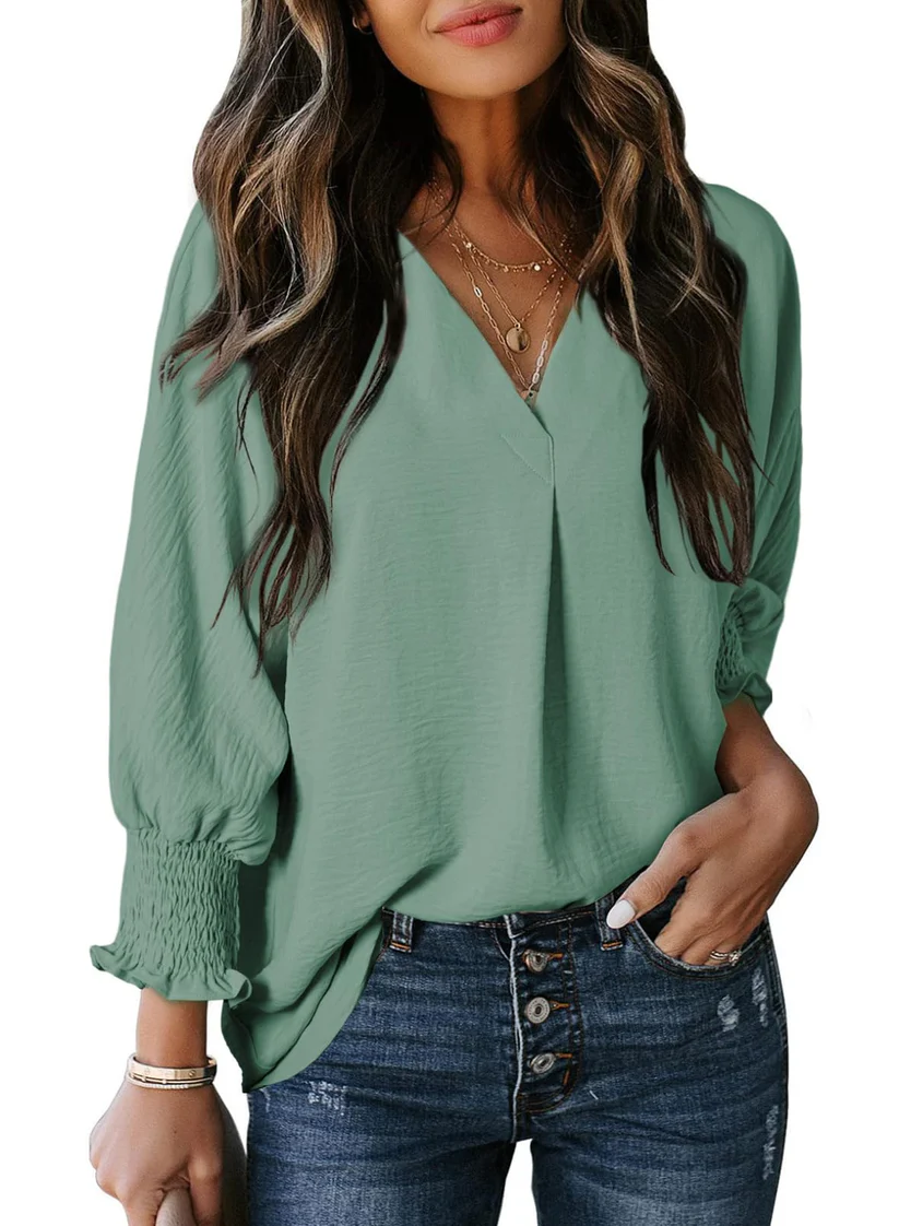 Charming Solid Smocked-Cuff V-Neck Blouse - Eliza-Warszawa