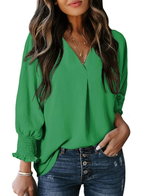 Charming Solid Smocked-Cuff V-Neck Blouse - Eliza-Warszawa