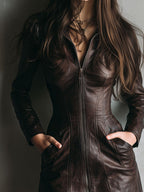 Chic Chocolate Brown Leather Zip-Up Fitted Mini Dress - Eliza-Warszawa