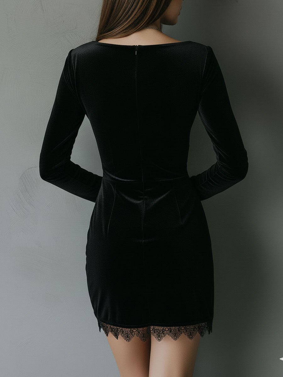Chic Pleat Waist Black Velvet Mini Dress With Lace Trim - Eliza-Warszawa