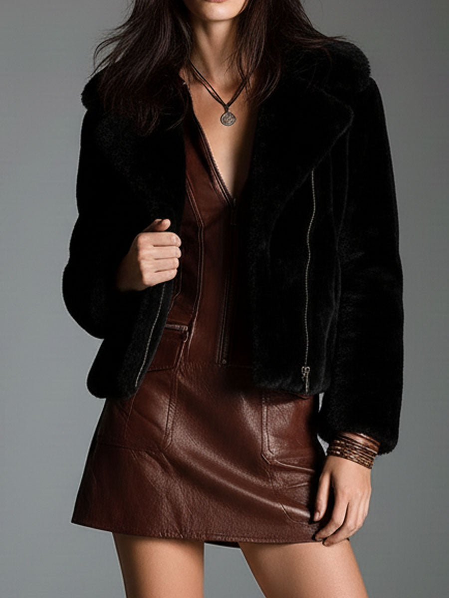 Chocolate Brown Eco Leather Zip-Front Mini Dress With Utility Pockets - Eliza-Warszawa