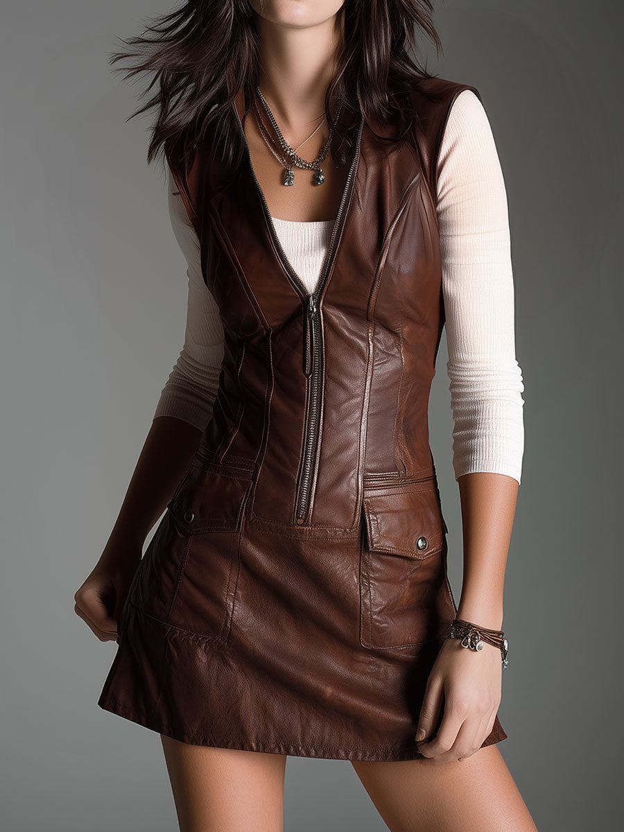 Chocolate Brown Eco Leather Zip-Front Mini Dress With Utility Pockets - Eliza-Warszawa