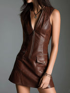 Chocolate Brown Eco Leather Zip-Front Mini Dress With Utility Pockets - Eliza-Warszawa