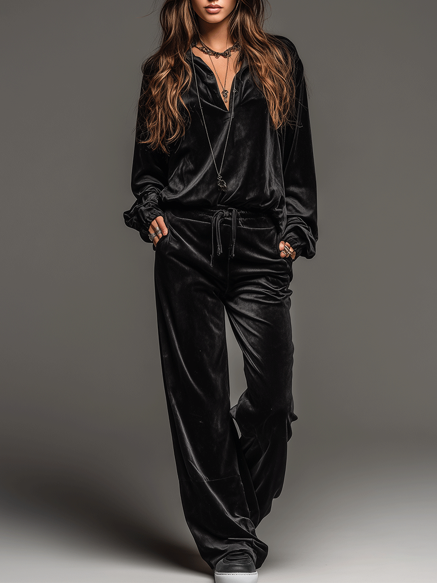 Classic Relaxed Black Velvet Shirt And Wide-Leg Pants Set - Eliza-Warszawa