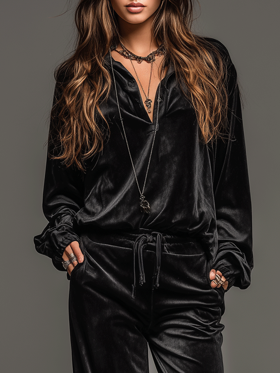 Classic Relaxed Black Velvet Shirt And Wide-Leg Pants Set - Eliza-Warszawa