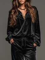 Classic Relaxed Black Velvet Shirt And Wide-Leg Pants Set - Eliza-Warszawa