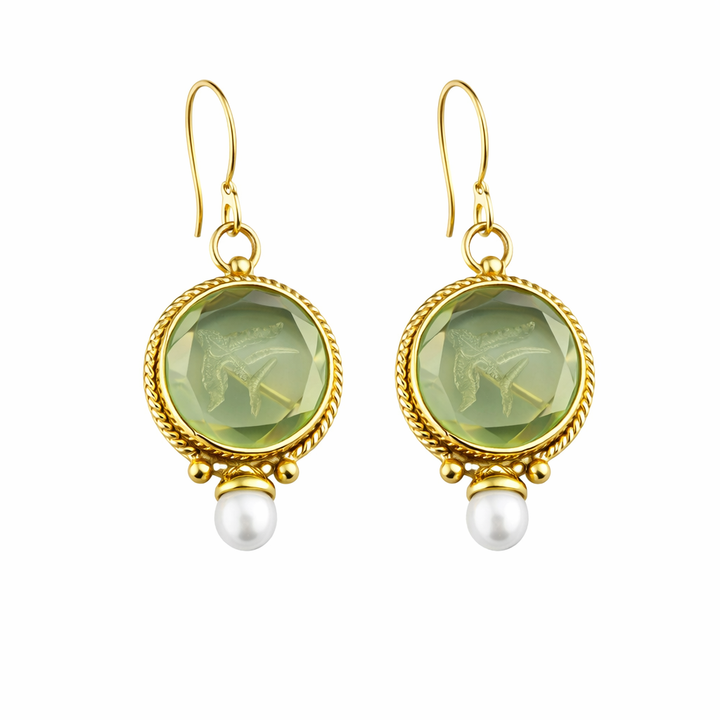 Classic Retro Earrings with Green Stones and Pearls