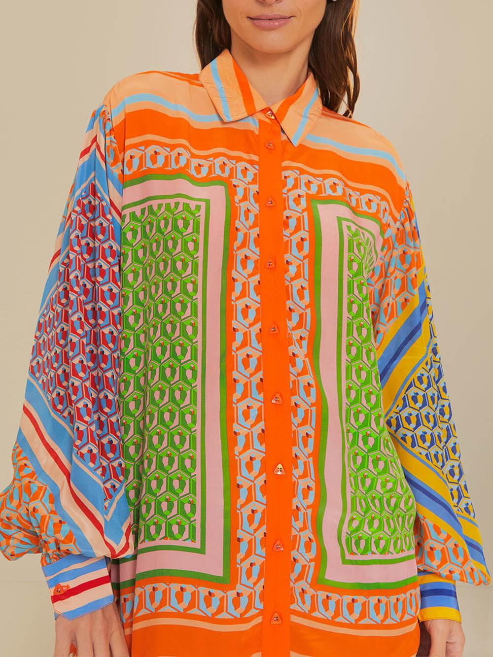 Colorful Unique Print Balloon Sleeve Button Loose Shirt - Eliza-Warszawa