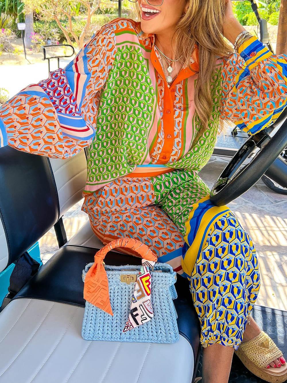 Colorful Unique Print Balloon Sleeve Button Loose Shirt - Eliza-Warszawa