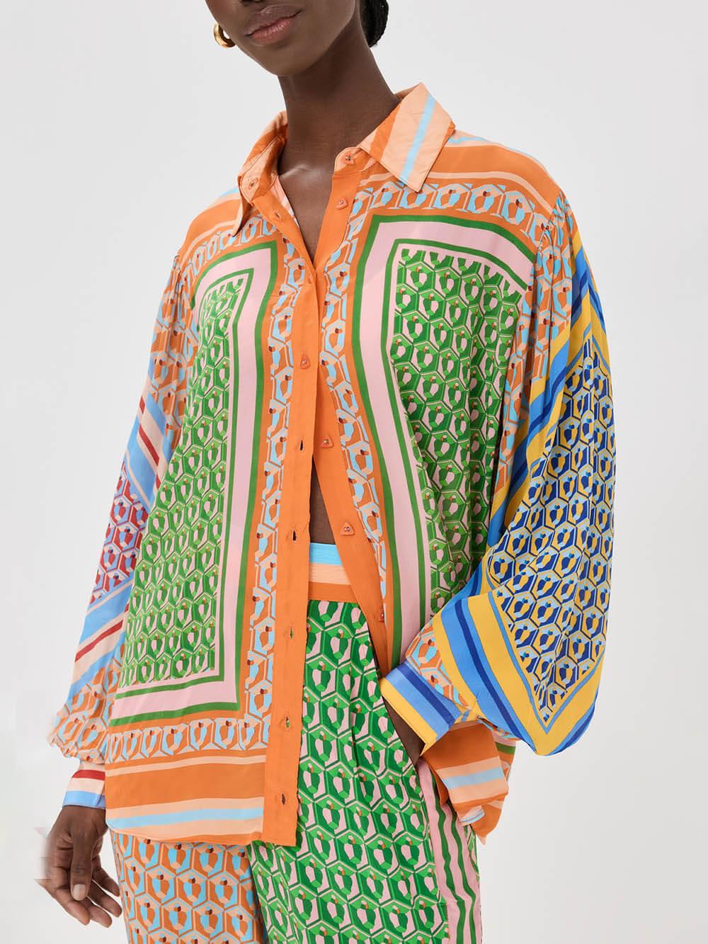 Colorful Unique Print Balloon Sleeve Button Loose Shirt - Eliza-Warszawa