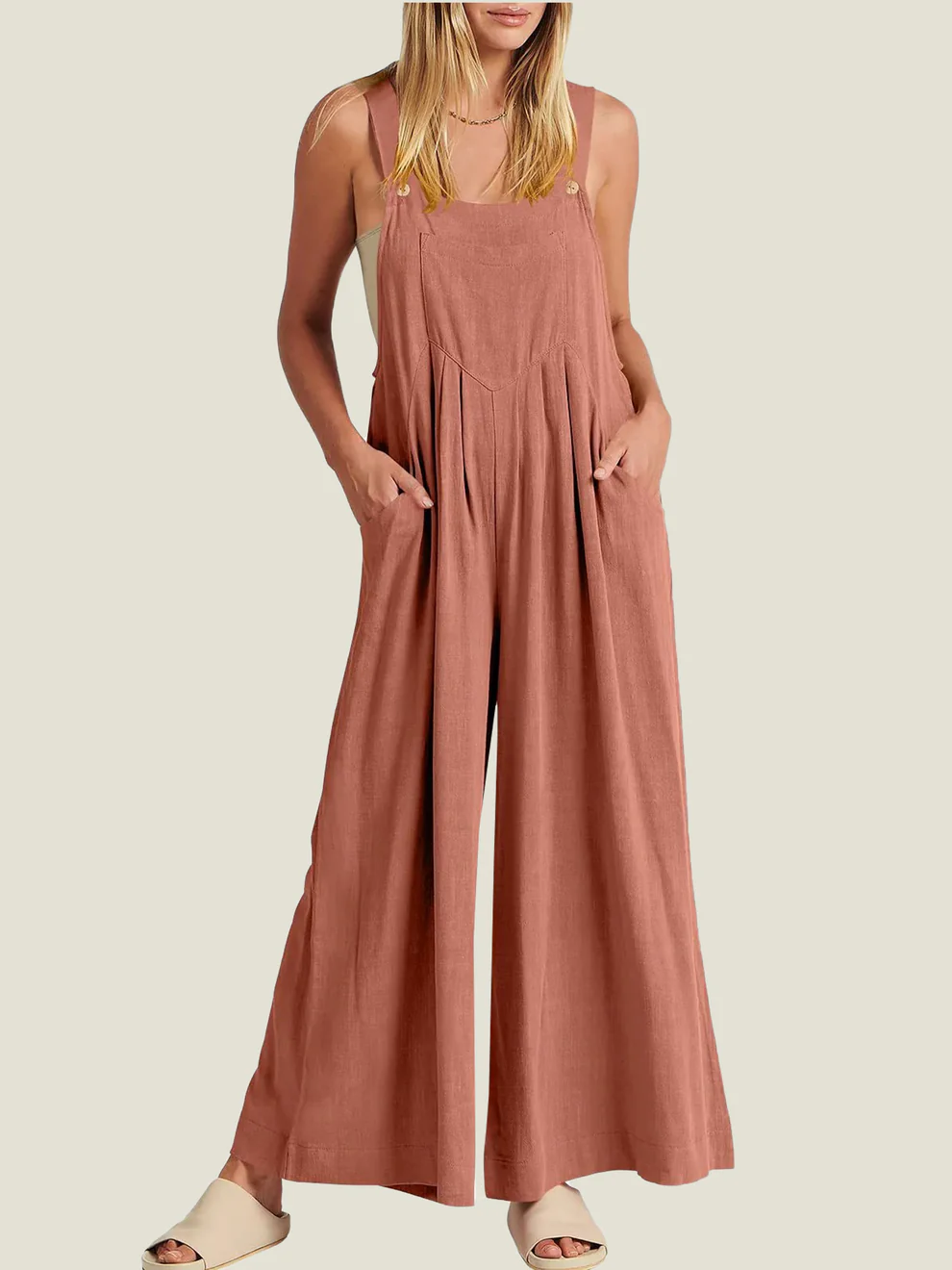 Comfortable Solid Button-Strap Relaxed Jumpsuit - Eliza-Warszawa