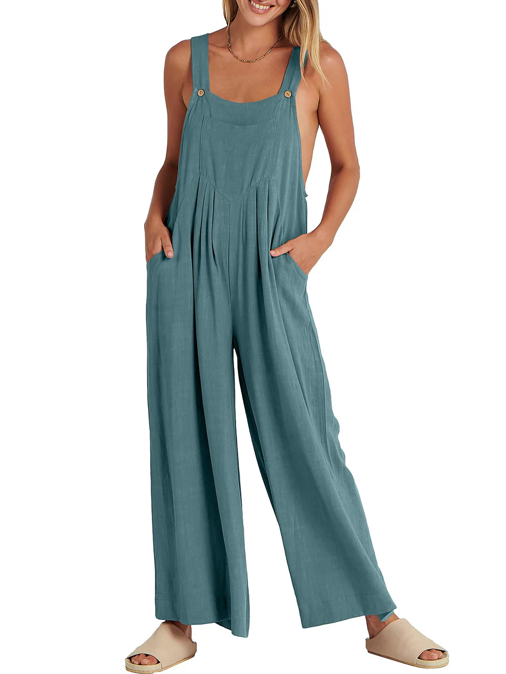 Comfortable Solid Button-Strap Relaxed Jumpsuit - Eliza-Warszawa