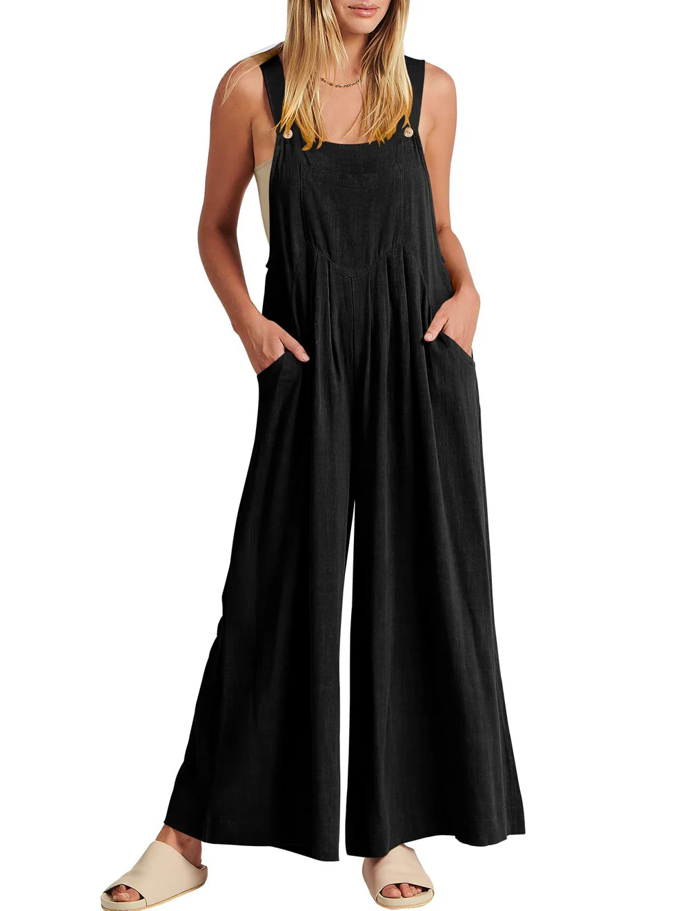 Comfortable Solid Button-Strap Relaxed Jumpsuit - Eliza-Warszawa
