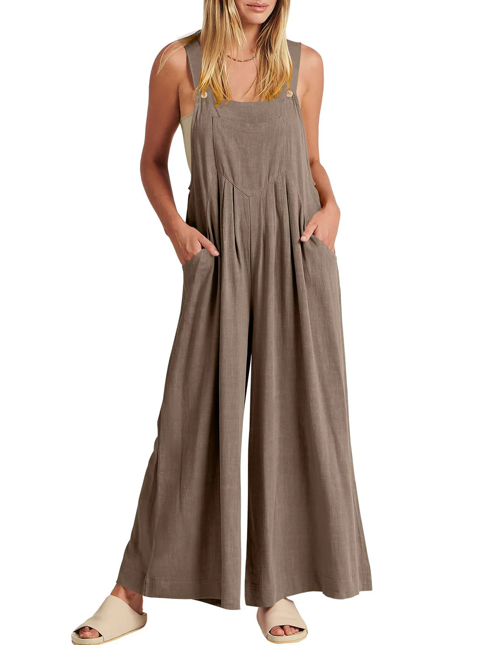 Comfortable Solid Button-Strap Relaxed Jumpsuit - Eliza-Warszawa