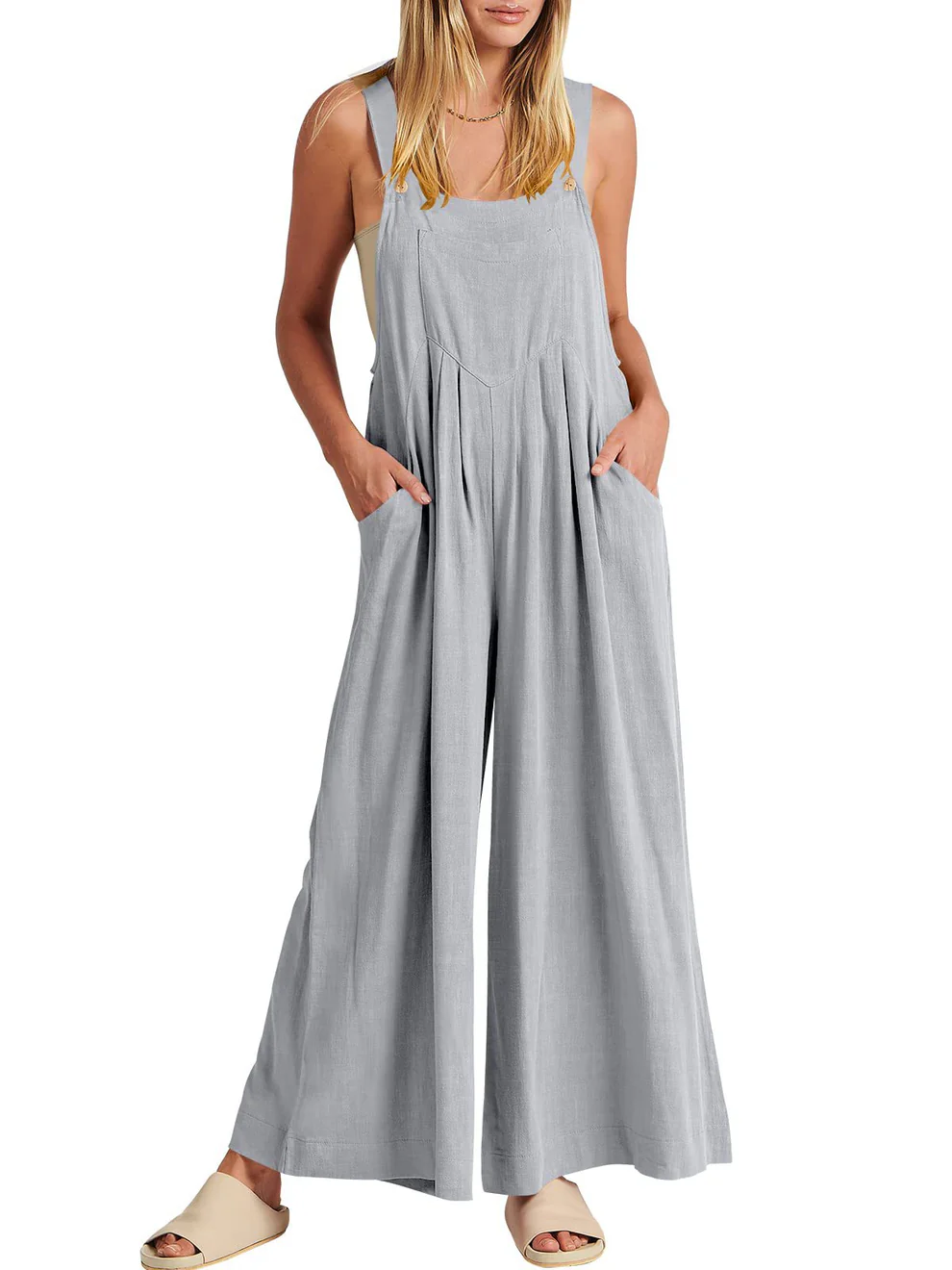 Comfortable Solid Button-Strap Relaxed Jumpsuit - Eliza-Warszawa